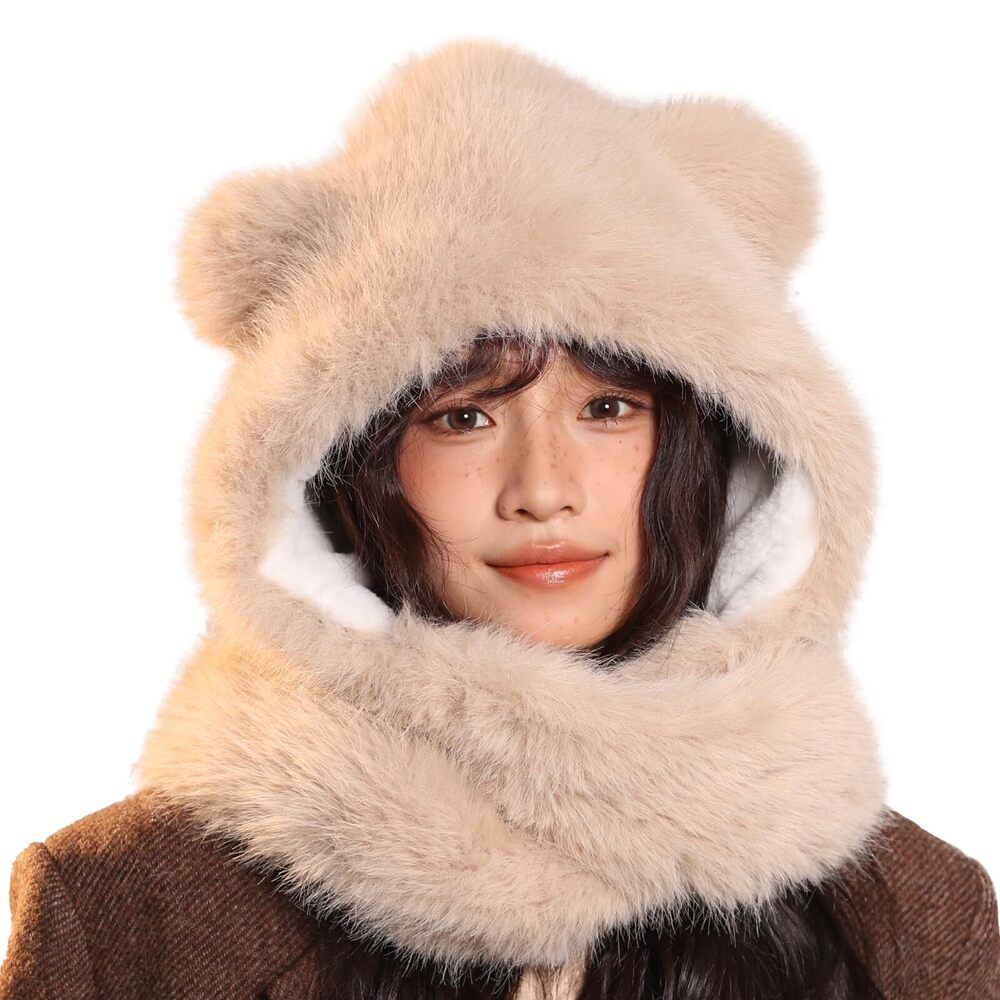 7252 KAHHZA Hooded Scarf Hat Gloves Winter Fur Bear Ears Hat 3 in 1 Plush